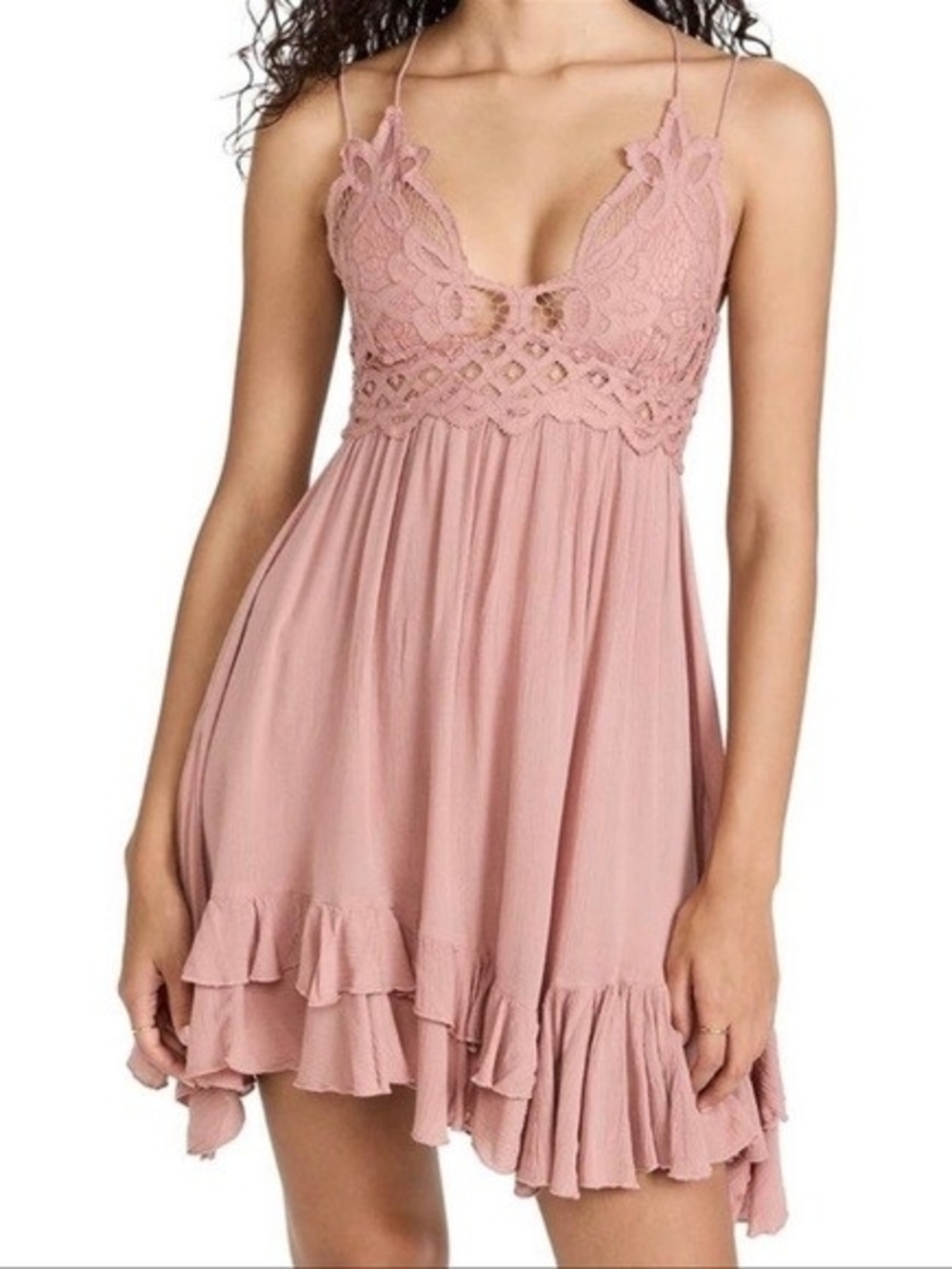 Free People Dusty Rose Lace-Trim Mini Dress